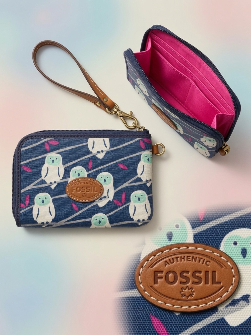 Fossil Navy Owl Wristlet with Hot Pink Interior